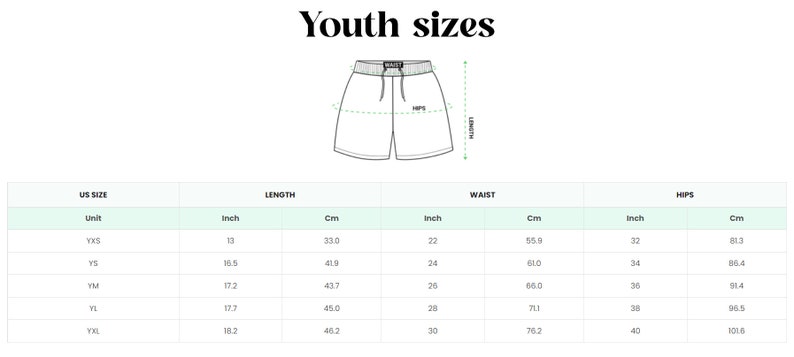 May include: A size chart for youth clothing with measurements in inches and centimetres for waist, hips, and length. The chart includes sizes YXS, YS, YM, YL, YXL, and YXXL.