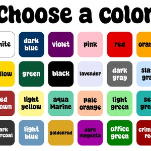 May include: A colour chart with 20 different colour squares. Each square has a name written in white text. The colours include white, dark blue, violet, pink, red, orange, yellow, green, black, lavender, dark grey, slate grey, red brown, light yellow, aqua marine, pale orange, light green, sea green, dark charcoal, light blue, goldenrod, dark magenta, office green, and crimson red.
