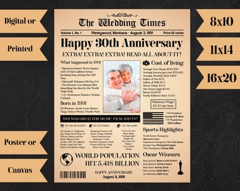 Personalized 30 Anniversary Gift Ideas, 30 Anniversary Poster, 30th Wedding Anniversary Gift, 30 Years Married, Anniversary Newspaper N681