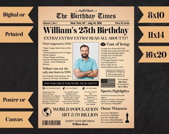 Personalized 25 Birthday Poster, 1996 Poster, 25th Birthday Decoration, 25 Birthday Gift Ideas, 1996 Birthday, Birthday Newspaper N686