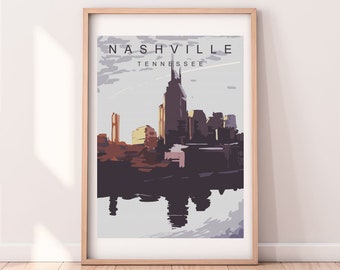 May include: A stylized illustration of the Nashville skyline with the text "NASHVILLE TENNESSEE" at the top. The illustration features a cityscape with tall buildings, including the iconic AT&T building, and a reflection of the city in the water.