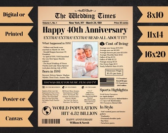 Personalized 40 Anniversary Gift Ideas, 40 Anniversary Poster, 40th Wedding Anniversary Gift, 40 Years Married, Anniversary Newspaper N676