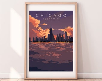 May include: A framed print of a cityscape silhouette with the text "CHICAGO ILLINOIS" at the top. The skyline is depicted in black against a background of orange and purple clouds reflecting on the water.