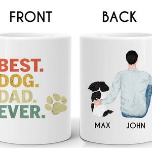 May include: White ceramic coffee mug with the text "BEST. DOG. DAD. EVER." in a retro font with a paw print. The back of the mug features a cartoon illustration of a person with a dog, with the names "MAX" and "JOHN" printed below.