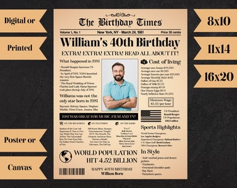 Personalized 40 Birthday Poster, 1981 Poster, 40th Birthday Decoration, 40 Birthday Gift Ideas, 1981 Birthday, Birthday Newspaper N675