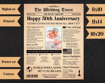 Personalized 50 Anniversary Gift Ideas, 50 Anniversary Poster, 50th Wedding Anniversary Gift, 50 Years Married, Anniversary Newspaper N695