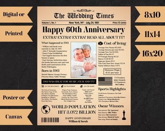 Personalized 60 Anniversary Gift Ideas, 60 Anniversary Poster, 60th Wedding Anniversary Gift, 60 Years Married, Anniversary Newspaper N688