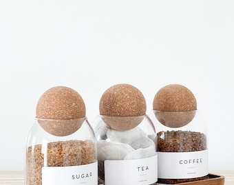 Cork Ball Jars 500ml Tea Coffee Sugar Pantry Waterproof Label | Kitchen Food Storage | Homeware | Personalized labels