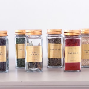 Labelled Square Spice Jars With Shaker Inside Tops and Gold Lids