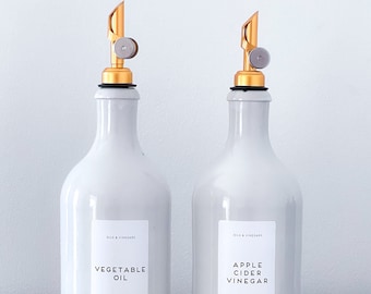 Botellas blancas de cerámica, botella de almacenamiento con vertedor ponderado dorado para aceite de oliva/vinagre, 500ml, reutilizable, organiza tu cocina, etiqueta personalizada