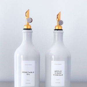 Ceramic White Bottles Olive Oil/Vinegar Gold Weighted Pourer Storage Bottle 500ml Reusable Organise Your Kitchen - Personalised Label