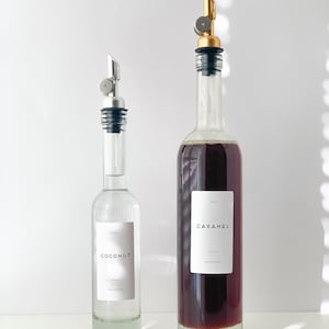 Botella de jarabe para café con dosificador – Dispensador de vidrio para cafetería 200ml 500ml, etiquetas personalizadas imagen 1