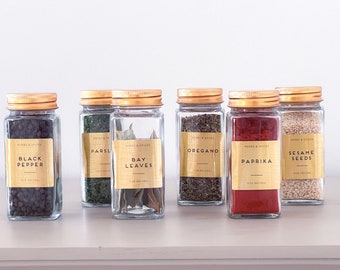 Labelled Square Spice Jars with Shaker Inside Tops and Gold Lids - set of 6 - Home organisation - waterproof gold labels