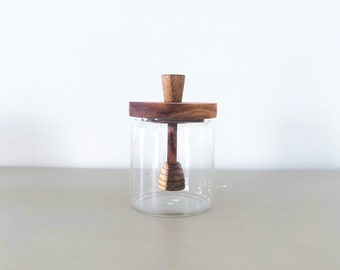 Tarro de miel de cristal con tapa de madera – Tarro de miel de borosilicato de 500 ml / Recipiente de cocina con etiqueta personalizada opcional