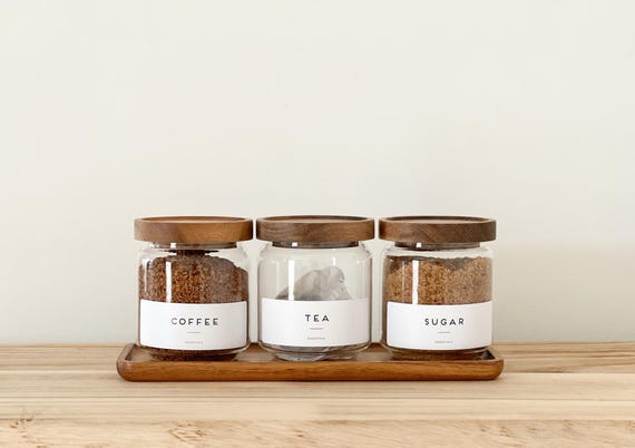 Acacia Glass Pantry Jars 500ml – Airtight Tea Coffee Sugar Storage with Wooden Lid, Personalised Waterproof Labels