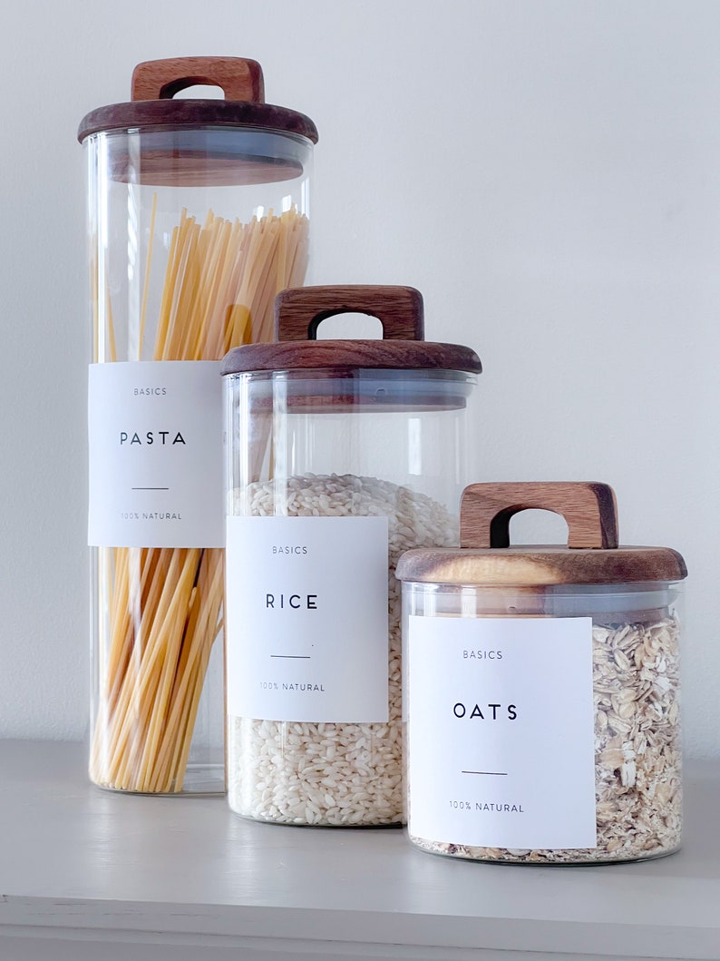 Glass Pantry Jars with Wooden Acacia Lids an matching spice jars with Personalised Waterproof Labels image 3