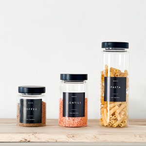 Glass Pantry Jars with Black Wooden Lids and Personalised Waterproof Black Labels - kitchen jars