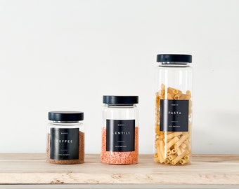 Glass Pantry Jars with Black Wooden Lids and Personalised Waterproof Black Labels - kitchen jars