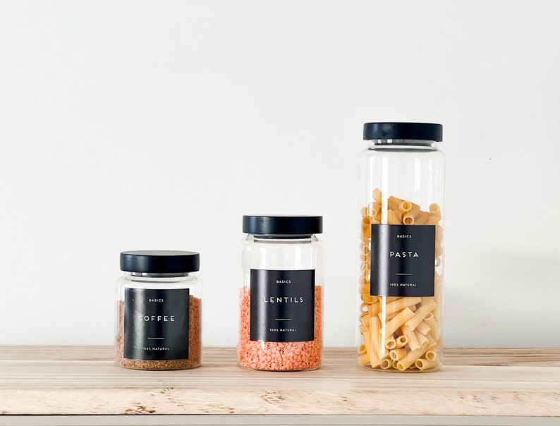 Glass Pantry Jars with Black Wooden Lids and Personalised Waterproof Black Labels kitchen jars zdjęcie 1