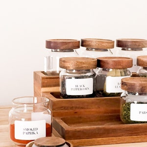 Mini Acacia Jars Natural Wood Spice jars with Rack - with or without personalised waterproof labels