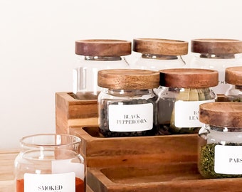 Mini Acacia Jars Natural Wood Spice jars with Rack - with or without personalised waterproof labels