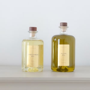 Refillable Glass Olive Oil Bottle – Custom Gold Label, Wood Lid