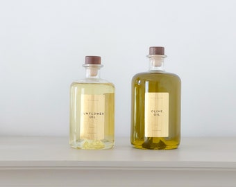 Bottiglia di olio d'oliva in vetro ricaricabile - Etichetta dorata personalizzata, coperchio in legno