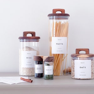 Glass Pantry Jars with Wooden Acacia Lids an matching spice jars with Personalised Waterproof Labels image 2