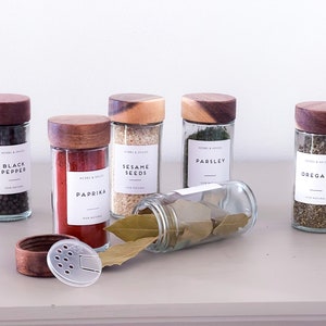 Glass Pantry Jars with Wooden Acacia Lids an matching spice jars with Personalised Waterproof Labels image 5