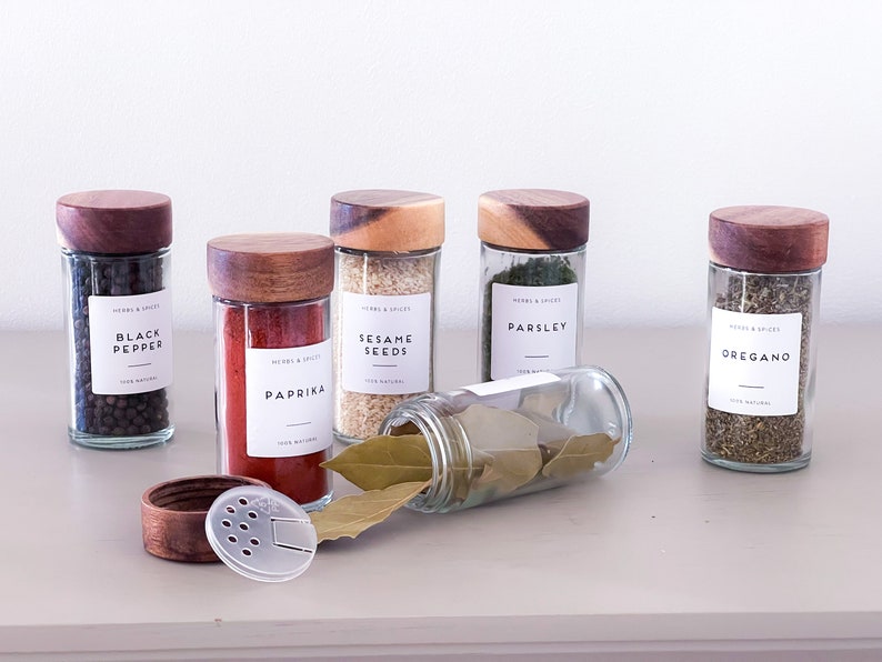 Glass Pantry Jars with Wooden Acacia Lids an matching spice jars with Personalised Waterproof Labels image 5