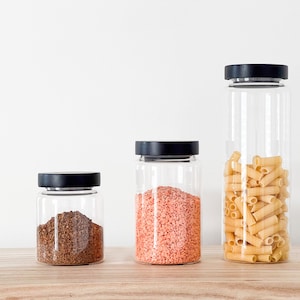 Glass Pantry Jars with Black Wooden Lids and Personalised Waterproof Labels - kitchen jars