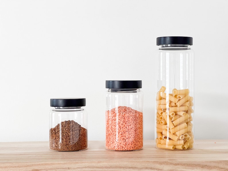 Glass Pantry Jars with Black Wooden Lids and Personalised Waterproof Black Labels kitchen jars zdjęcie 2