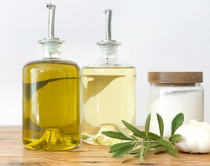 Minimalist Glass Olive Oil Dispenser Bottle, Choice of Pourer Lids