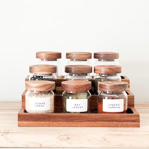 Mini Acacia Jars Natural Wood Spice jars with Rack - with or without personalised waterproof labels