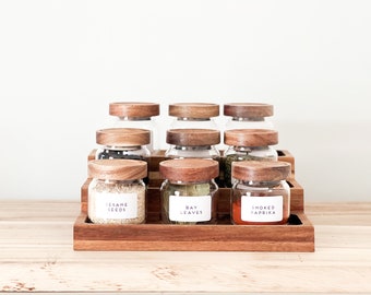 Mini Acacia Jars Natural Wood Spice jars with Rack - with or without personalised waterproof labels