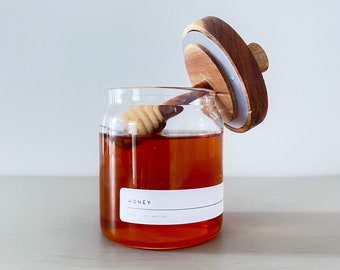 Tarro de miel de vidrio borosilicato con cucharón de madera / Tarro de miel con tapa, recipiente de almacenamiento de cocina, juego para servir té y desayuno.