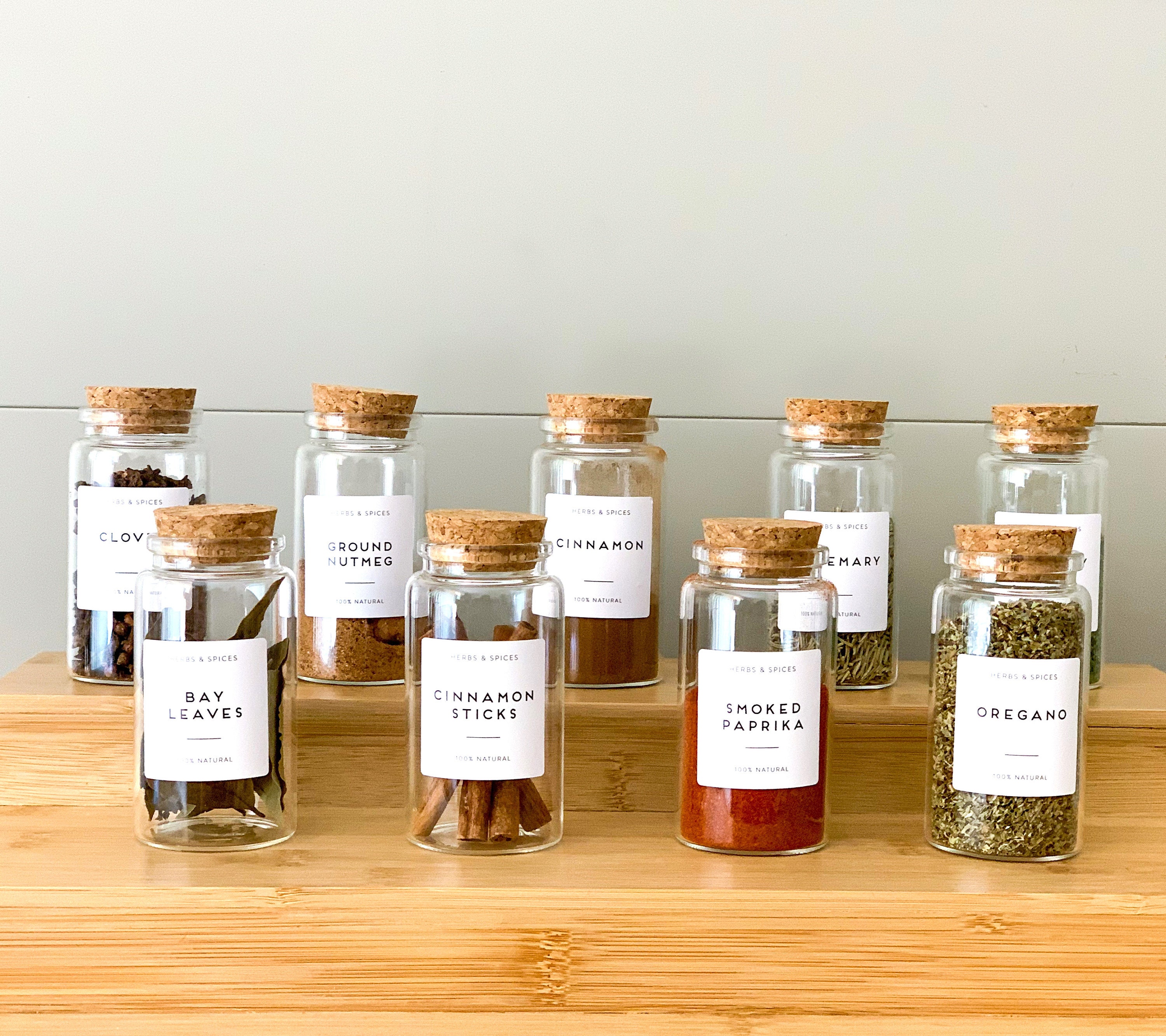 HIMAYA Glass Spice Jars With Natural Acacia Wood Lids Size 160ml FREE  Custom Minimalist Labels Organise Pantry 