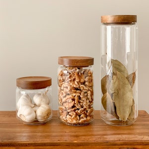 Glass Pantry Jars with Wooden Lids - 3 sizes - Eco Food Jars, Pantry Goals, Acacia Silicone lid, Kitchen storage