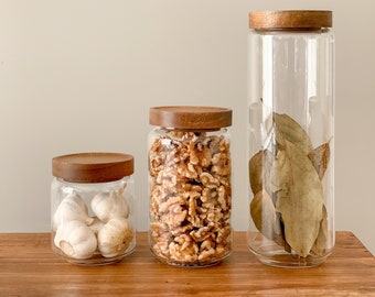 Glass Pantry Jars with Wooden Lids - 3 sizes - Eco Food Jars, Pantry Goals, Acacia Silicone lid, Kitchen storage