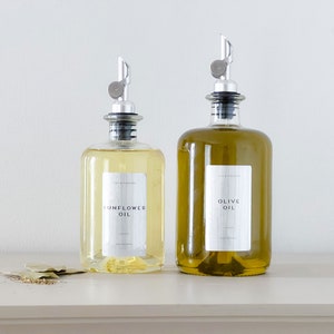 Glass Bottles Olive Oil/Vinegar with Silver  Weighed Pourer 200ml , 500ml and 700ml  - Waterproof Silver Label included