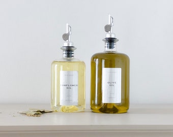 Glass Olive Oil & Vinegar Bottle – Kitchen Oil Dispenser with Silver Pourer, Waterproof Personalised Labels