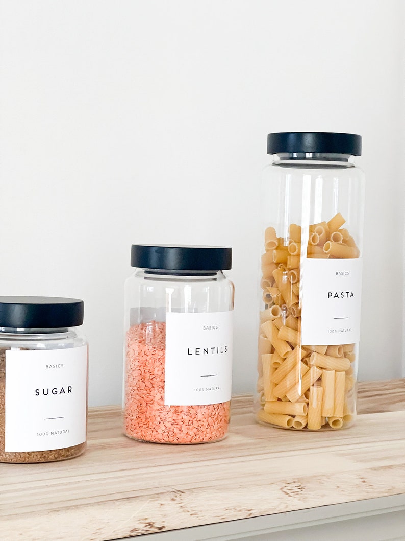 Glass Pantry Jars with Black Wooden Lids and Personalised Waterproof Black Labels kitchen jars zdjęcie 8