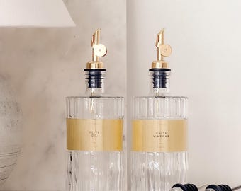 Art Deco-glasdispenser med olivoljebehållare, set om 2 – Ribbad olje- och vinägerflaska med hällrör