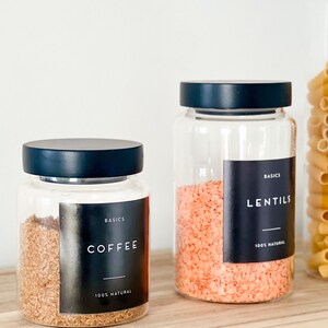 Glass Pantry Jars with Black Wooden Lids and Personalised Waterproof Black Labels kitchen jars zdjęcie 6