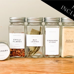 Labelled Square Spice Jars with Shaker Inside Tops and Brushed Silver Lids - set of 6 - Home organisation - waterproof labels