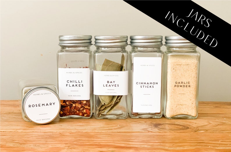 Labelled Square Spice Jars with Shaker Inside Tops and Brushed Silver Lids set of 6 Home organisation waterproof labels zdjęcie 1