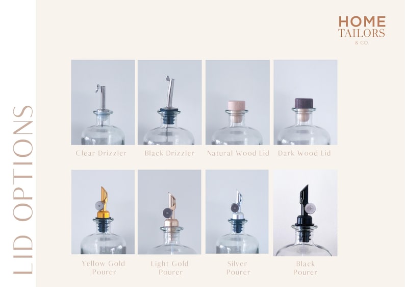 May include: Eight glass bottles with different lid and pourer options. The lids are clear, black, natural wood, and dark wood. The pourers are yellow gold, light gold, silver, and black.