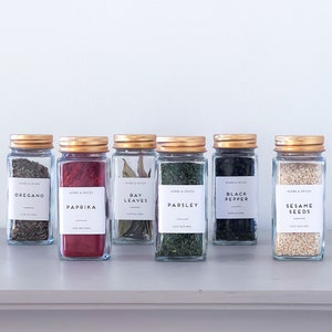 Labelled Square Spice Jars with Shaker Inside Tops and Gold Lids - set of 6 - Home organisation - waterproof silver labels