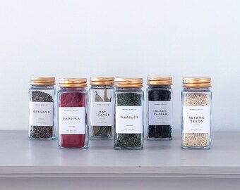 Labelled Square Spice Jars with Shaker Inside Tops and Gold Lids - set of 6 - Home organisation - waterproof silver labels