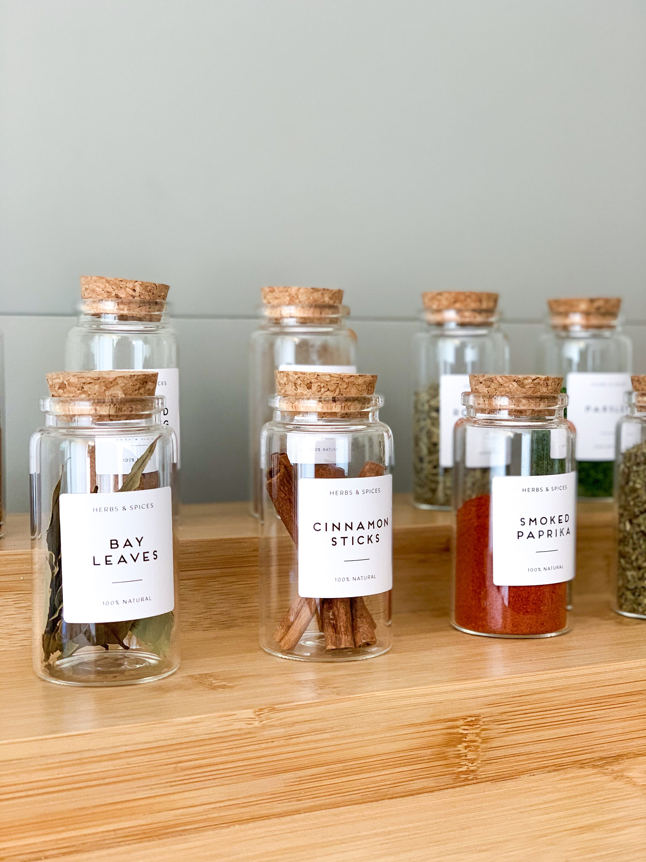 show original title Details about   Spice Jars Bottles with Labels Rectangular Herb Spice Jars Glass Cork Lid 